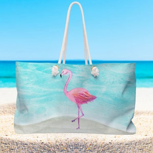 Personalisierte Strandtasche mit rosa Flamingo, Seilgriffe. Extra große Tragetasche, Weekender-Reisetasche, individuelle Geschenktasche. 24x13cm x 13cm