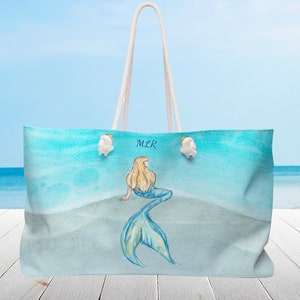 Mermaid personalisierte Strandtasche, Seilgriffe. Extra große Tragetasche, Weekender-Reisetasche, individuelle Geschenktasche. 60cm x 33cm x 12cm