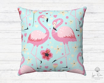 Pink flamingos pillow and cover. Coastal decor. Spun polyester square pillow.