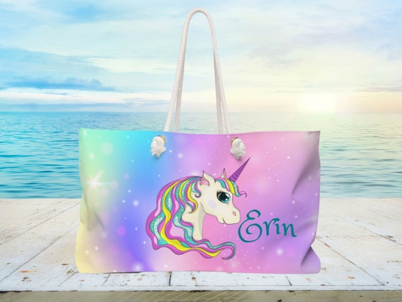 Unicorn Tie Dye Personalized Beach Bag With Rope Handles Tote 