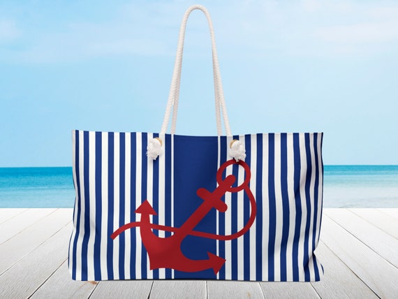 Personalized Nautical Beach Tote: Blue Stripe, Red Anchor, Rope