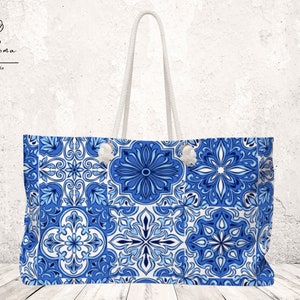 Lisbon blue tile Personalized Beach bag with rope handles. Custom gift tote bag. Bridesmaid gift, Nautical tote bag, Weekender Travel bag