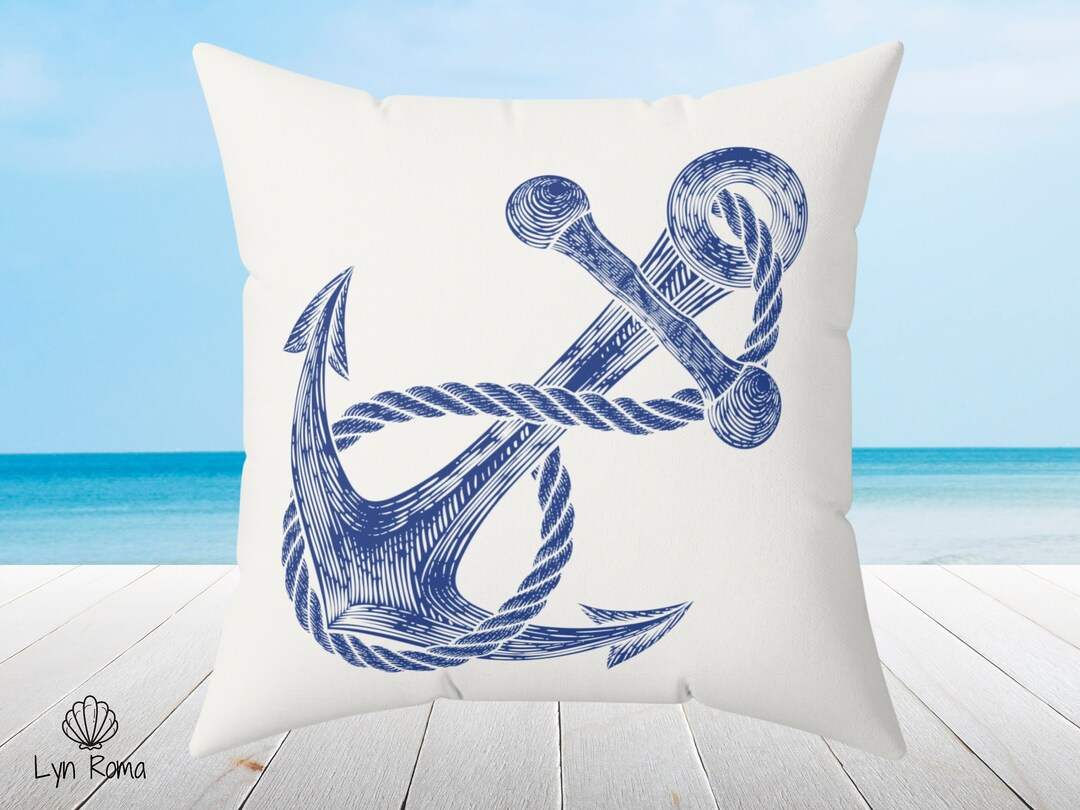 Blue Anchor Nautical Throw Pillow and Cover in 3 Sizes. Coastal