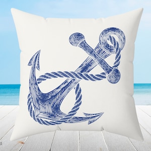 Blue anchor Nautical throw pillow and cover in 3 sizes. Coastal home decor. Gift for the home.