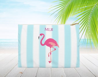 Cabana stripe pink flamingo Personalized accessory Pouch. Cosmetic bag, Travel organizer. Custom made gift. Bridesmaid proposal.