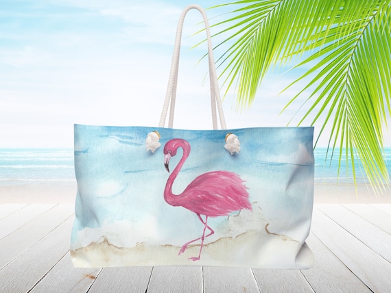 Sac de plage personnalisé Flamant rose, poignées en Très