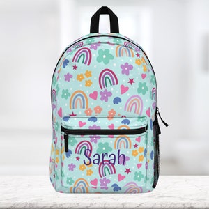 Rainbows in pink, purple blue and green. Personalized Backpack 18" x 13" x 5" (made In Usa) Free Shipping.