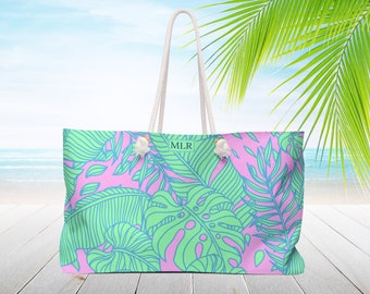 Palm tree Personalized Beach bag with rope handles. Monogram Custom gift tote bag. Bridesmaid gift, Nautical tote bag, Weekender Travel bag