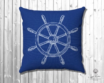 Nautical Ships Wheel pillow and cover. Comes in 2 sizes 14" by 14", 18" x 18". Navy Blue Square pillow