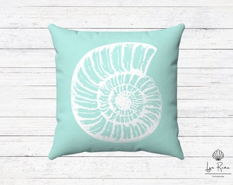 Aqua Blue Seashell Pillow, Coastal Home Decor, Square pillow and cover.