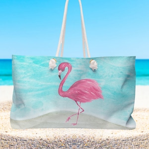Personalisierte Strandtasche mit rosa Flamingo, Seilgriffe. Extra große Tragetasche, Weekender-Reisetasche, individuelle Geschenktasche. 60cm x 33cm x 12cm