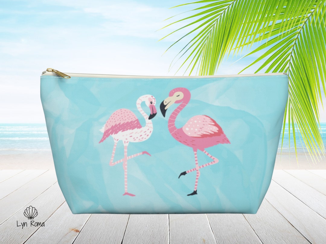 ピンク フラミンゴ T 底アクセサリー ポーチ。ピンクとブルーのバッグ