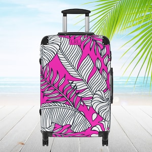 Pink palm tree Suitcase. Personalized custom luggage in 3 sizes. Monogram Travel bag. Hard shell Rolling Luggage Spinner.