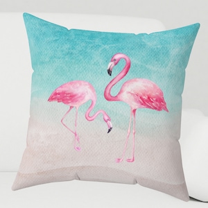 Pink Flamingos pillow and cover. Coastal home decor. Beach house throw pillows. Boat pillows, nautical cushions. Housewarming, wedding gift.