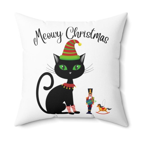 Black Cat Christmas Pillow and Cover. Elf Cat Meowy Christmas Custom Gift Holiday Throw Pillows. Modern Farmhouse Holiday Decor. Etsy
