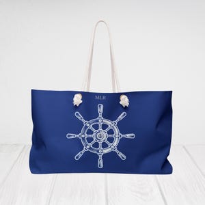 Nautische Schiffe Rad, Blau personalisierte Strand Einkaufstasche mit Seil Griffen. Maßgeschneiderte Extra Large Weekender Reisetasche.