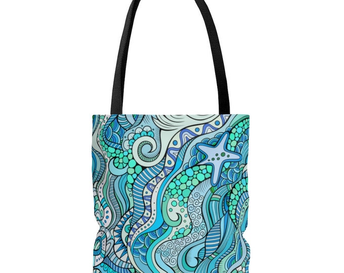 Starfish tote bag in blue and green. Tote bag available in small, medium and large.