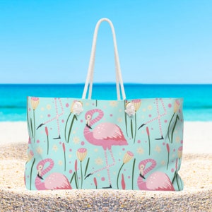 Personalized Pink Flamingo Beach Tote Bag: Nautical Rope Handle Weekender, Custom Made Gift