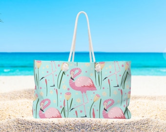 Pink Flamingo Personalized Beach bag with rope handles. Custom gift tote bag. Bridesmaid gift, Nautical tote bag, Weekender Travel bag