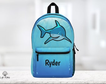 Shark Backpack, blue school bag. Personalized Backpack 18" x 13" x 5" (Made in USA) Free shipping.