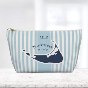 Nantucket Map Blue Striped Personalized T bottom Accessory Pouch. Cosmetic Toiletry bag, Travel organizer. Bridesmaids, Custom made gift.