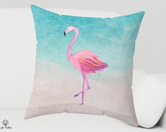 Pink Flamingo pillow & cover. Coastal home decor. Beach house throw pillows. Boat pillows, nautical cushions. Housewarming, wedding gift,