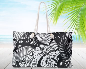 Palm tree Beach tote bag. Black white. Rope handles. Personalized Monogram travel bag. Extra large Weekender, Custom made. Bridesmaid gift.