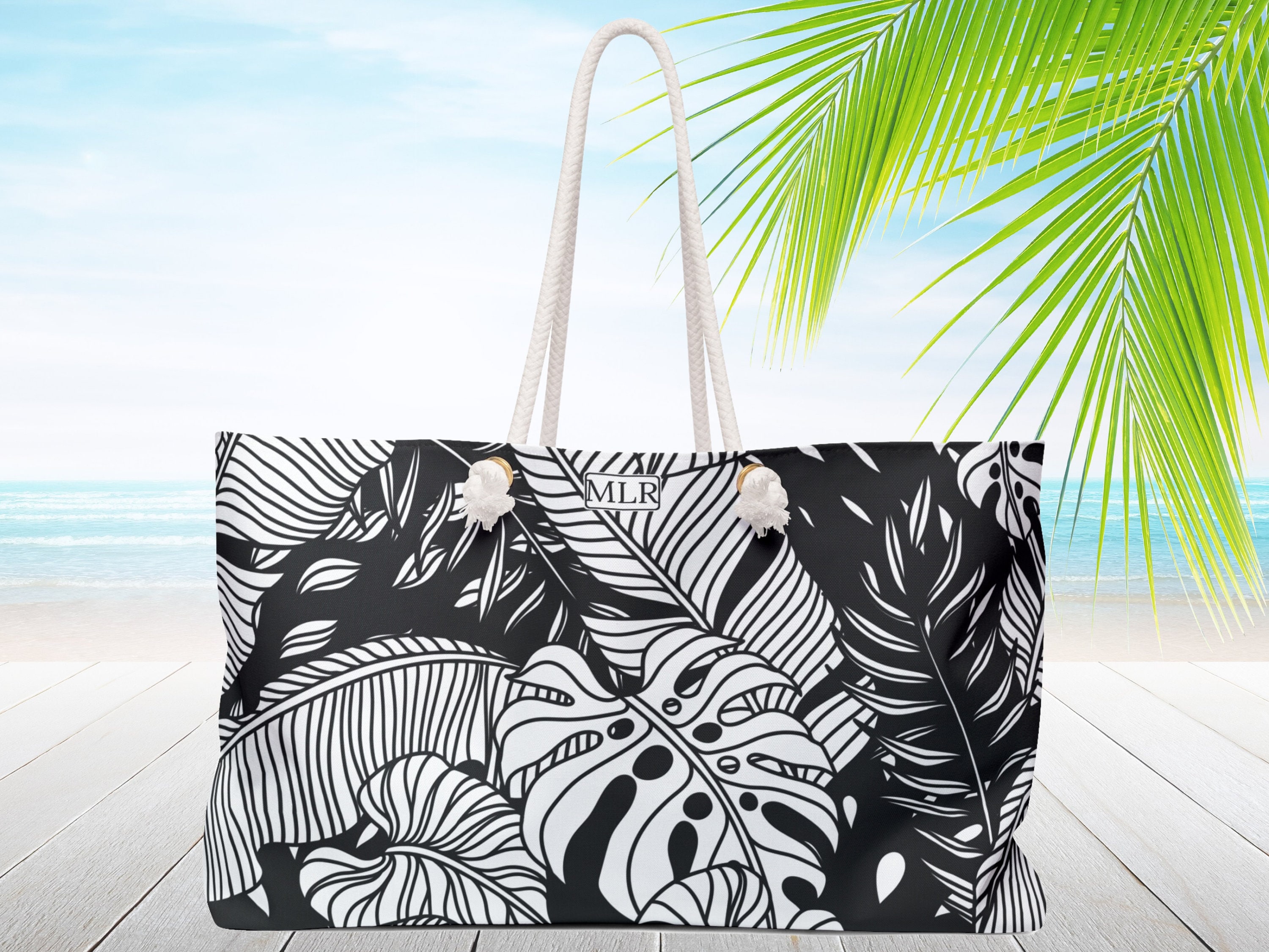 Palm Tree Beach Tote Bag. Black White. Rope Handles