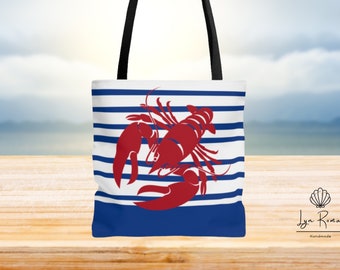 Red lobster Tote Bag with blue stripes. Black handles. Available in 3 sizes.