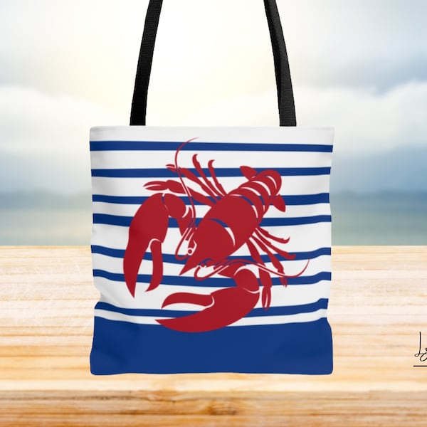 Red lobster Tote Bag with blue stripes. Black handles. Available in 3 sizes.