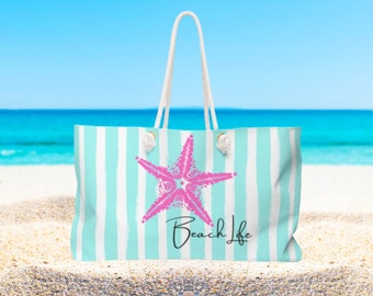 Starfish Beach Bag. Blue striped bag. Rope handle tote. Oversized Weekender bag. 24" x 13" free shipping