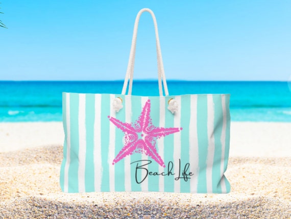 Starfish Beach Bag. Blue Striped Bag. Rope Handle Tote. Oversized