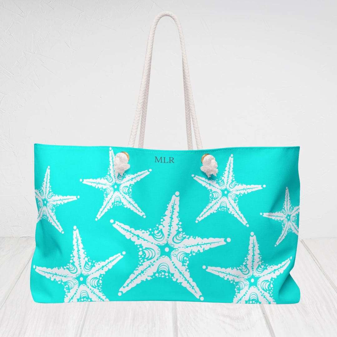 Blue Starfish Beach Tote Bag, Rope Handles. Personalized Monogram