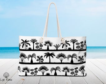 Tropical palm tree print, Extra Large beach bag. Rope handle tote bag. Personalized striped travel bag, Bridesmaid gift, Weekender bag.