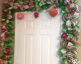 Whimsical Christmas Garland - Red and Green Door Garland - Christmas Garland - Christmas Mantel Decor - Deluxe Christmas Garland