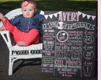 Chevron Light Pink and Green First Birthday Chalkboard Poster | Girl 1st Birthday Chalk Board | Boy or Girl | Pink and Mint | *DIGITAL FILE*