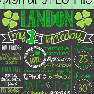 St. Patricks Day Birthday Chalkboard | First Birthday Chalkboard Sign | Custom Printable | Boy | Girl | Green | Shamrock | *DIGITAL FILE*