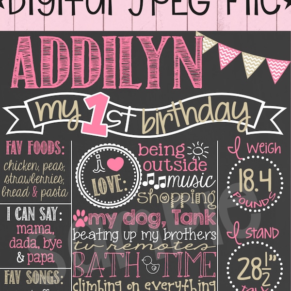 Pink and Gold First Birthday Chalkboard Poster | Girl 1st Birthday Chalk Board | Boy or Girl | Pink | Chevron Bunting | *DIGITAL FILE*