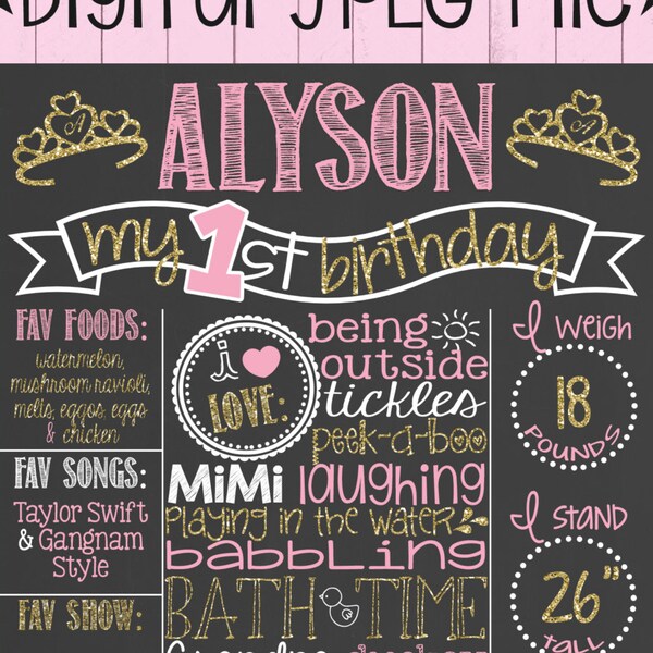 Pink and Gold Glitter First Birthday Chalkboard Poster | Girl 1st Birthday Chalk Board | Boy or Girl | Princess Crown | *DIGITAL FILE*