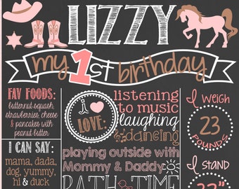 Cowgirl First Birthday Chalkboard Poster | 1st Birthday Chalkboard Sign | Girl | Western Birthday | Cowboy | Horse | *DIGITAL FILE*