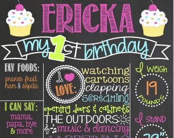 Cupcake First Birthday Chalkboard Poster | 1st Birthday Board Sign | Birthday Board | Yellow Blue Green Pink Orange Purple | *DIGITAL FILE*