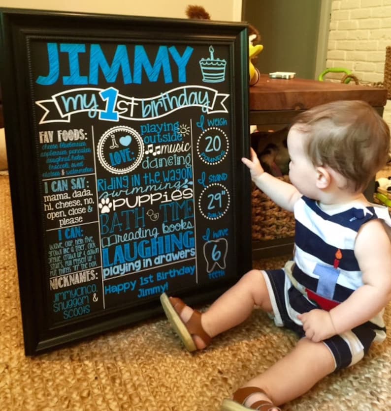 Blue First Birthday Chalkboard Poster Boy 1st Birthday Chalk Etsy
