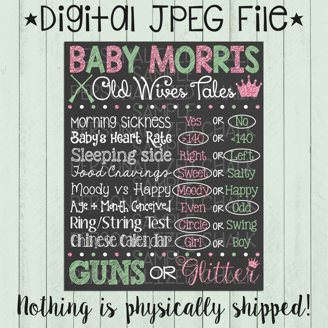 Old Wives Tales Chalkboard Poster Printable Gender Reveal Chalkboard Old Wives Tale Guns or
