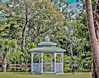 Florida Landscape Photography, The Hidden Gazebo, Shabby Chic, Reflections, Fine Art Photography, Home Decor, Lakeside Gazebo