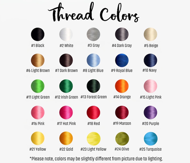 May include: A color chart titled Thread Colors displaying twenty-five circular thread samples labeled with numbers and names including black, white, gray, brown, blue, green, orange, pink, red, maroon, purple, yellow, gold, olive, and turquoise.