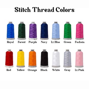 May include: A collection of fourteen spools of embroidery thread arranged in two rows. The text 'Stitch Thread Colors' appears at the top. The colors include royal, forest, purple, navy, light blue, green, fuchsia, red, yellow, orange, black, white, gray, and light pink.