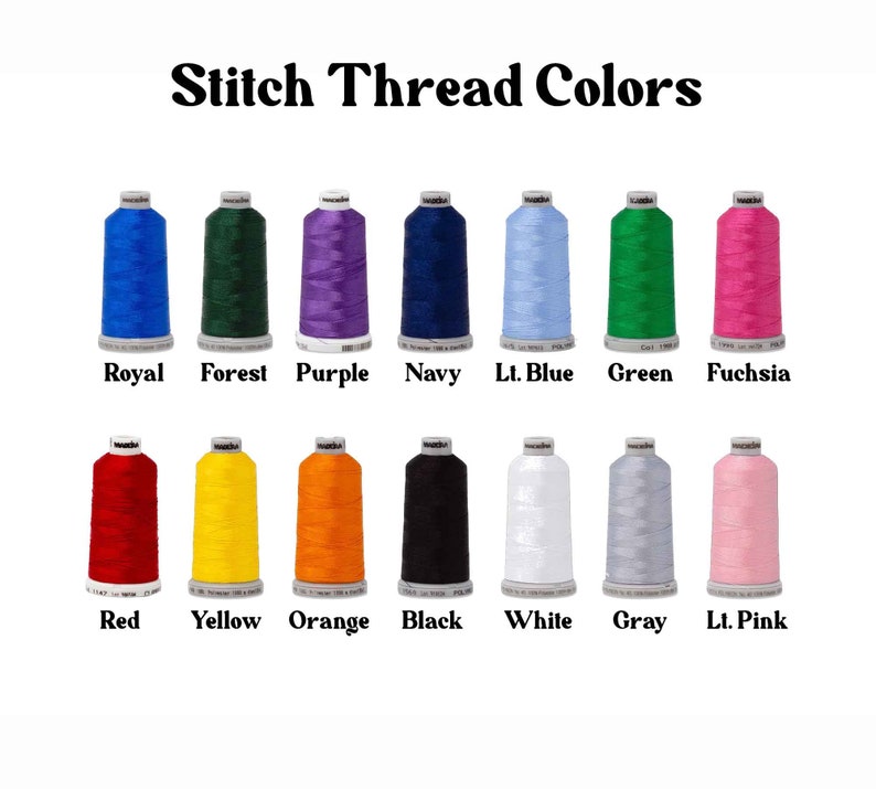 May include: A collection of fourteen spools of embroidery thread arranged in two rows. The text 'Stitch Thread Colors' appears at the top. The colors include royal, forest, purple, navy, light blue, green, fuchsia, red, yellow, orange, black, white, gray, and light pink.