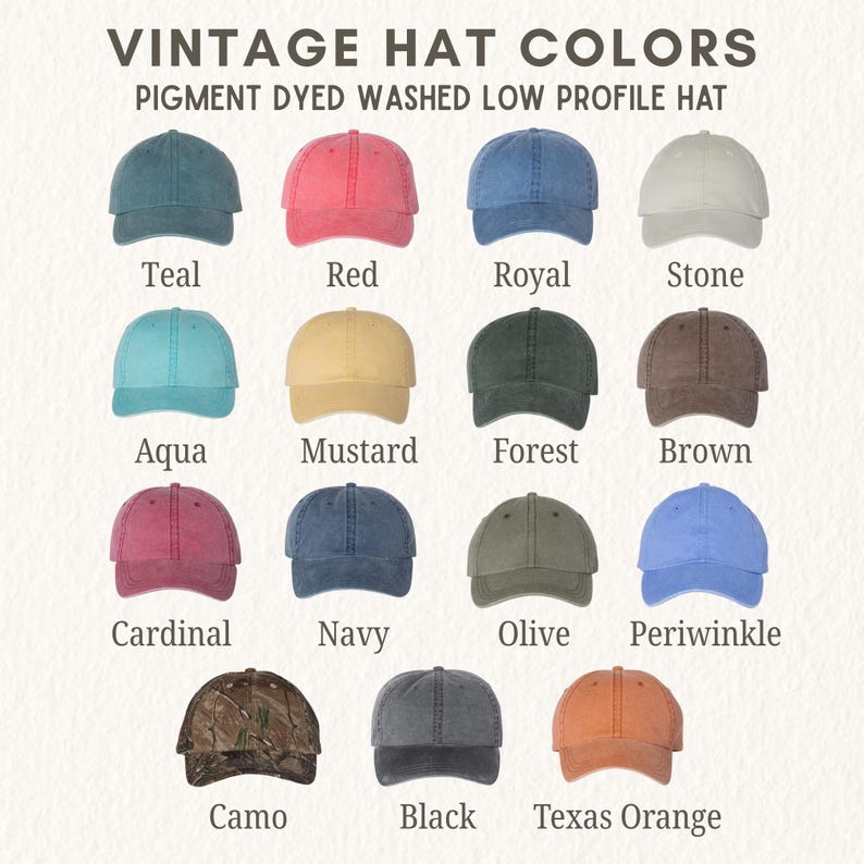 May include: A collection of fifteen pigment dyed washed low profile hats arranged in a grid. The colors include teal, red, royal, stone, aqua, mustard, forest, brown, cardinal, navy, olive, periwinkle, camo, black, and texas orange.
