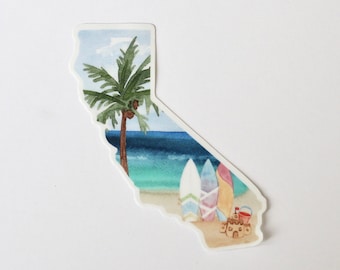 California Sticker, California Map Sticker, California State Sticker, Beach Scene Sticker, Laptop Sticker, Water Bottle Sticker