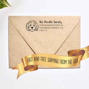 Timbre d’adresse Goldendoodle, timbre d’adresse de chien, timbre d’adresse Doodle, timbre d’adresse auto-encrage, timbre d’adresse familiale, timbre Goldendoodle 0072